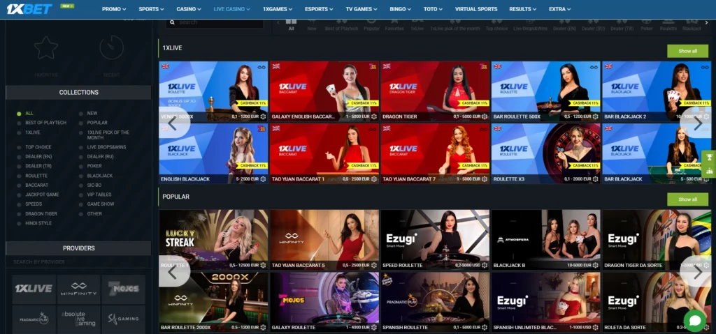 Assortment of games in Live Casino from 1xBet Malaysia