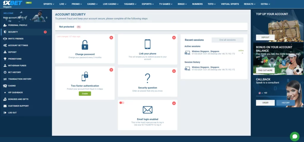 Account security and person verification at 1xBet Malaysia