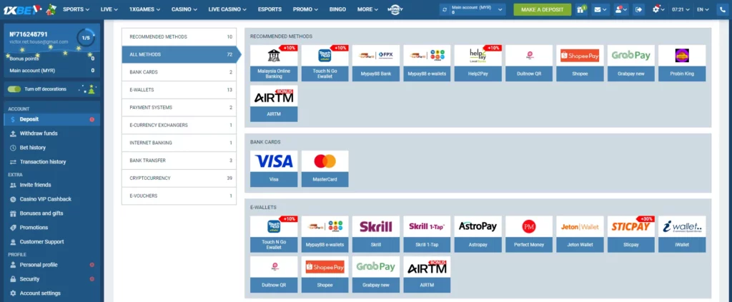 Payment methods at 1xBet Malaysia